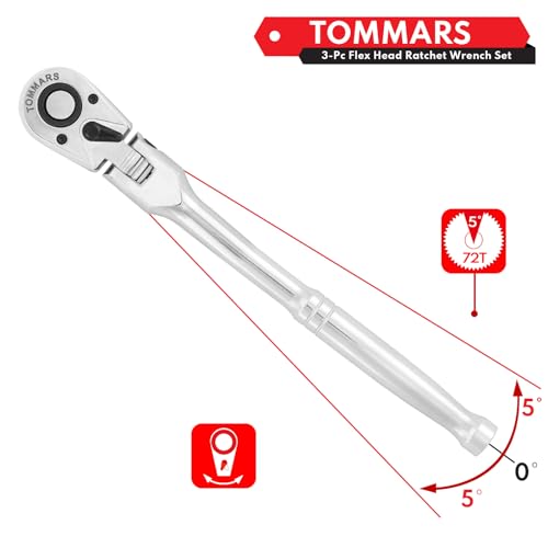 TOMMARS Flex-Head Ratchet Set, 1/4", 3/8", 1/2" Drive Flexible Ratchet Handle Wrench 72-Tooth Quick-Release Reversible Gift for Men Mechanic Hand Tools - Image 5