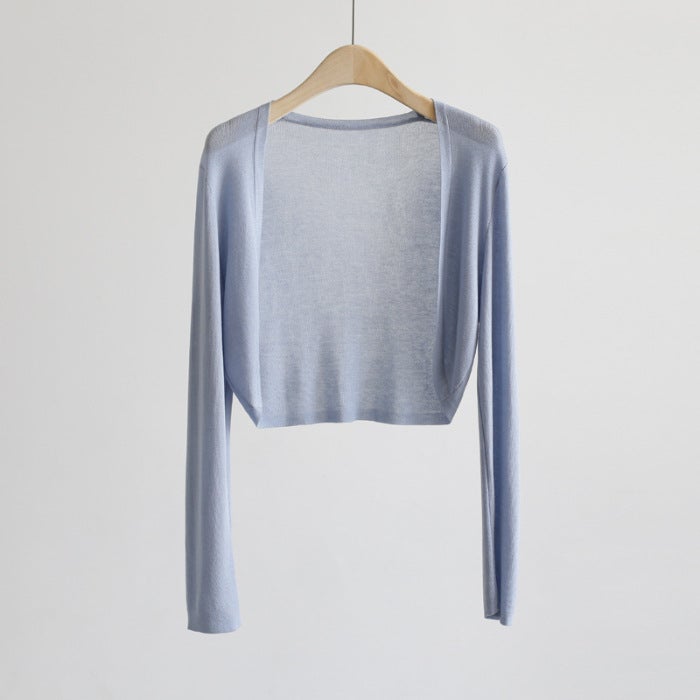 Generic Short Ice Silk Knitted Sunscreen Cardigan Small Coat Womens Summer Thin Skirt Shawl Overshirt Air-conditioning Shirt Blue 