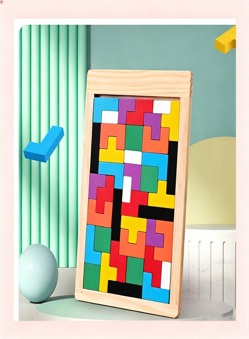 Wooden Tetris Puzzle Brain Teasers Toy Tangram Jigsaw Intelligence Colorful 3D Russian Blocks Game STEM Montessori Educational Gift for Baby Kids - Image 1