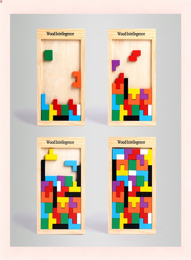 Wooden Tetris Puzzle Brain Teasers Toy Tangram Jigsaw Intelligence Colorful 3D Russian Blocks Game STEM Montessori Educational Gift for Baby Kids - Image 4