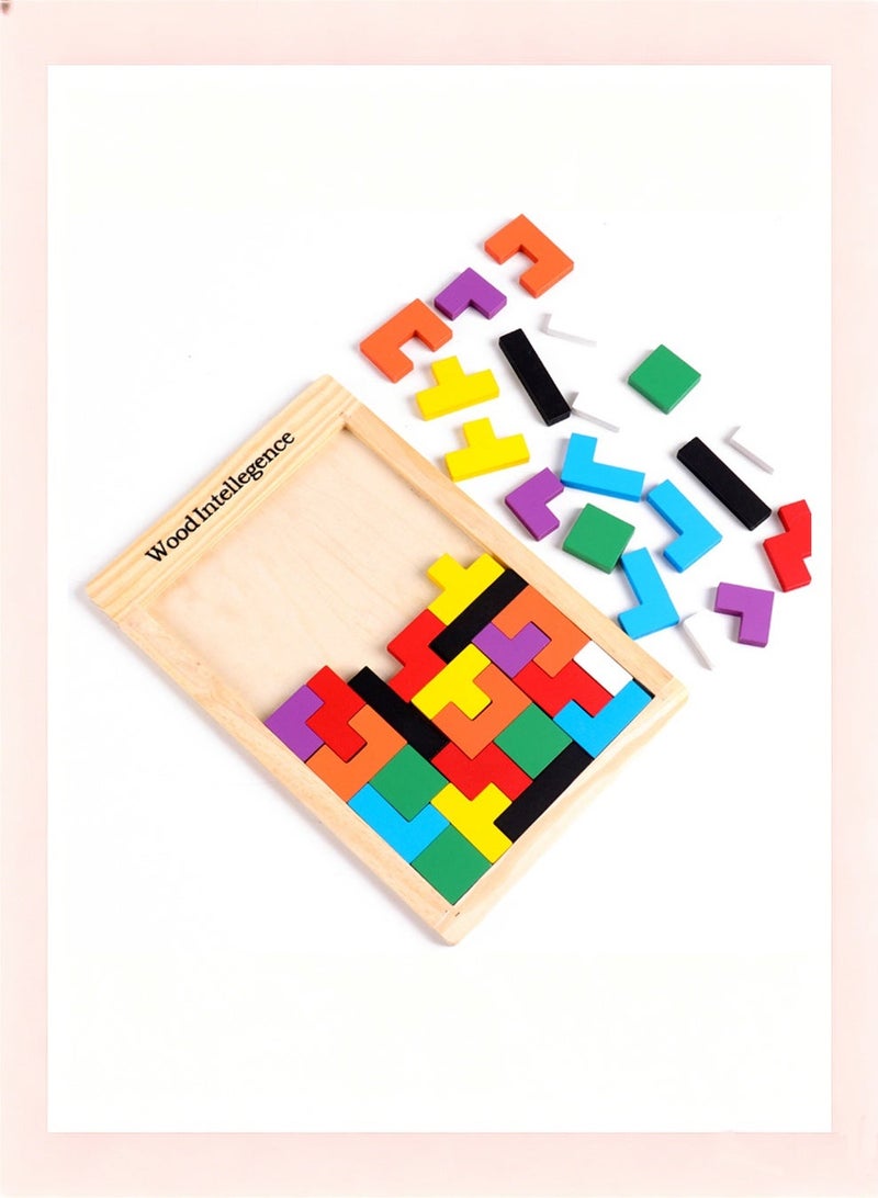Wooden Tetris Puzzle Brain Teasers Toy Tangram Jigsaw Intelligence Colorful 3D Russian Blocks Game STEM Montessori Educational Gift for Baby Kids - Image 3