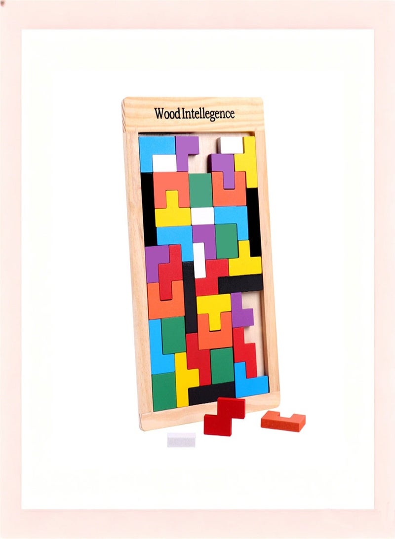 Wooden Tetris Puzzle Brain Teasers Toy Tangram Jigsaw Intelligence Colorful 3D Russian Blocks Game STEM Montessori Educational Gift for Baby Kids - Image 5