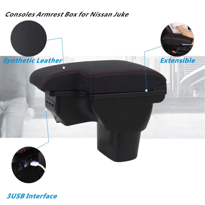 Tocsho Consoles Armrest for Nissan Juke 2010-2017 Center Console Box Armrest Box with USB Charge Black Stitching - Image 4