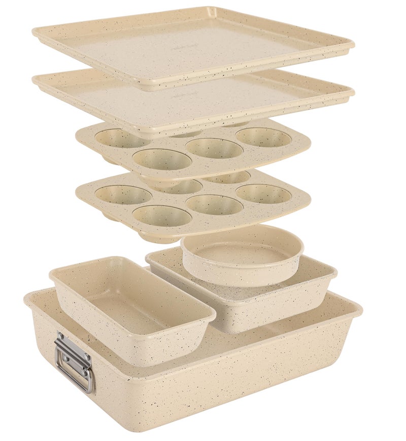 NutriChef 8-Piece Stackable Bakeware Set | Carbon Steel Non-Stick Baking Pan Set | Includes Sheet, Muffin, Round, Loaf, Square Cake & Deep Pans | No PFOA & PFOS | Oven Safe to 450 F | Marble Cream - Image 1