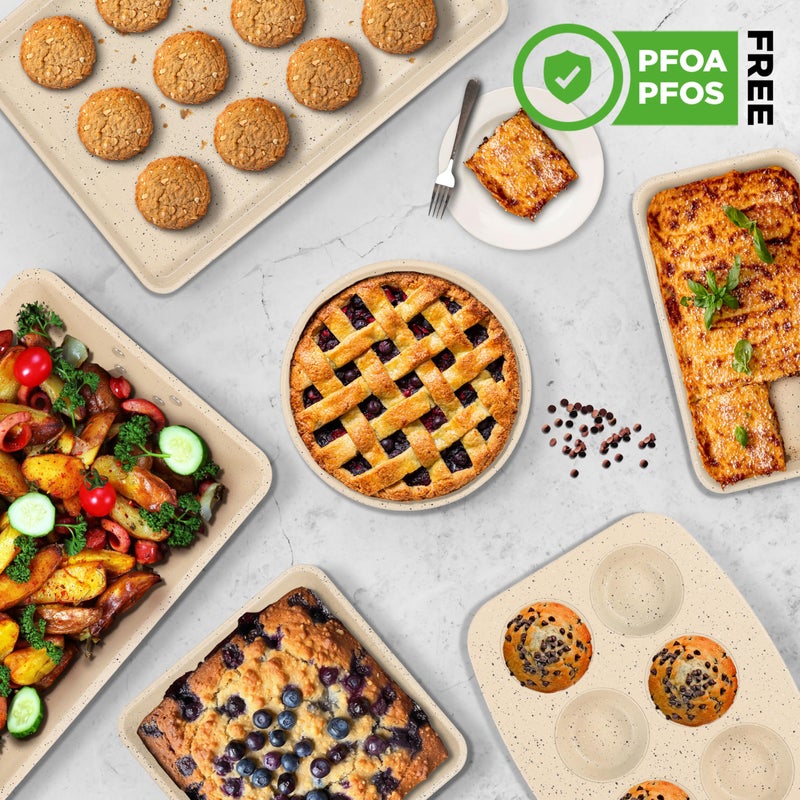 NutriChef 8-Piece Stackable Bakeware Set | Carbon Steel Non-Stick Baking Pan Set | Includes Sheet, Muffin, Round, Loaf, Square Cake & Deep Pans | No PFOA & PFOS | Oven Safe to 450 F | Marble Cream - Image 4