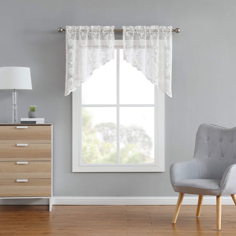 LinenZone Lace Kitchen Swags Lace Window Treatment for Kitchen or Small Window Swags Can Be Combined with Matching Tiers or Valance for a Charming Farmhouse Look Fiona 30 x 38 Ivory