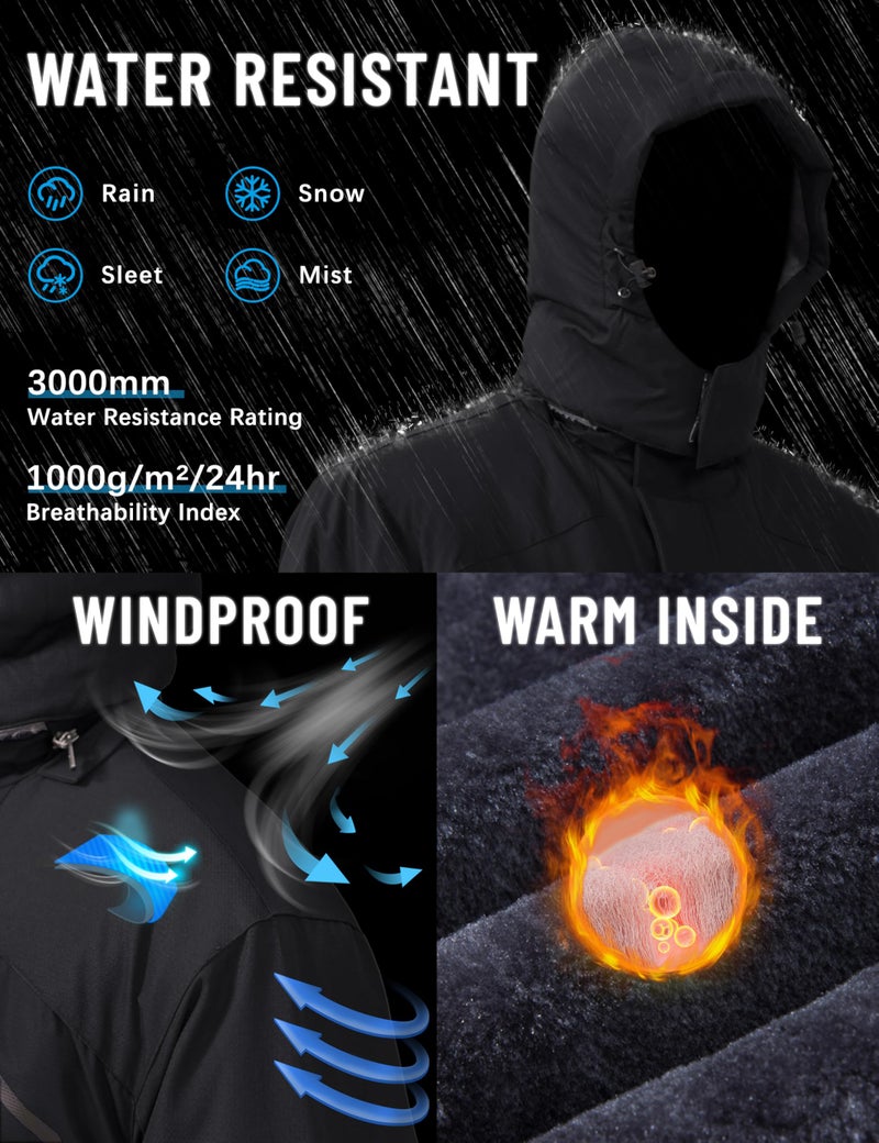 TACVASEN Winter Jacket for Men Skiing Warm Fleece Jackets Hooded Water Resistant Rain Jacket Black Thermal Snowboarding Jacket Windbreaker for Cold Weather - Image 2