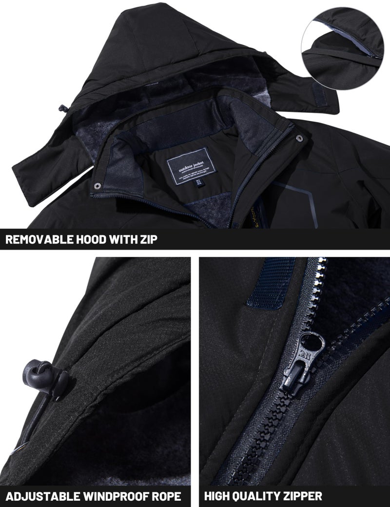 TACVASEN Winter Jacket for Men Skiing Warm Fleece Jackets Hooded Water Resistant Rain Jacket Black Thermal Snowboarding Jacket Windbreaker for Cold Weather - Image 4