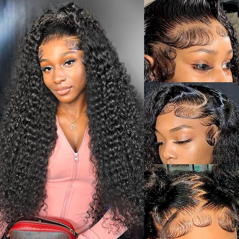 Juvid 13x6 Lace Front Wigs Human Hair HD Transparent Deep Wave Human Hair Wig for Women Curly Human Hair Wig Pre Plucked with Baby Hair Natural Black 180 Density Water Wave Lace Front Wigs 24inch