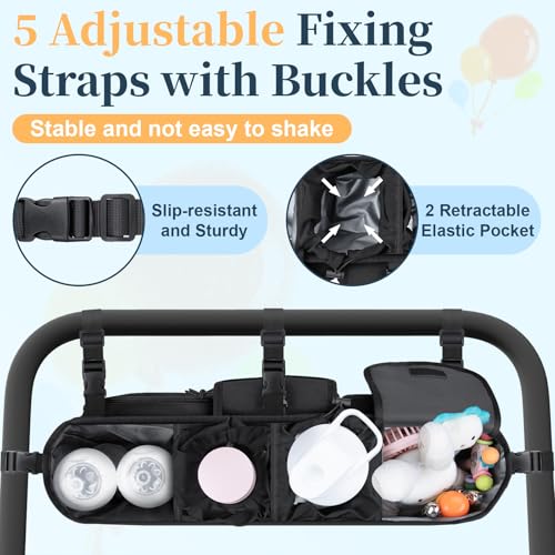 GDNasist Double Stroller Organizer Compatible with Bob Duallie and Baby Jogger City Mini GT2, Double Baby Stroller Accessories with Cooler Bag, Parent Console Double Jogging Stroller Caddy, Black - Image 5