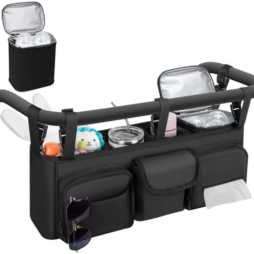 GDNasist Double Stroller Organizer Compatible with Bob Duallie and Baby Jogger City Mini GT2, Double Baby Stroller Accessories with Cooler Bag, Parent Console Double Jogging Stroller Caddy, Black - Image 1