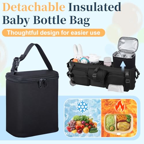 GDNasist Double Stroller Organizer Compatible with Bob Duallie and Baby Jogger City Mini GT2, Double Baby Stroller Accessories with Cooler Bag, Parent Console Double Jogging Stroller Caddy, Black - Image 4