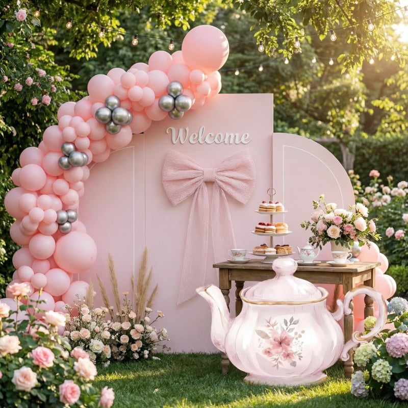 Colingmill Tea Party Decorations Teapot Cardboard Cutout 35.4 x 24.6 Inch Pink Floral Tea Party Baby Shower Let's Partea Photography Background for Women Birthday Bridal Decorations - Image 2