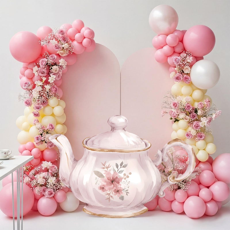 Colingmill Tea Party Decorations Teapot Cardboard Cutout 35.4 x 24.6 Inch Pink Floral Tea Party Baby Shower Let's Partea Photography Background for Women Birthday Bridal Decorations - Image 1