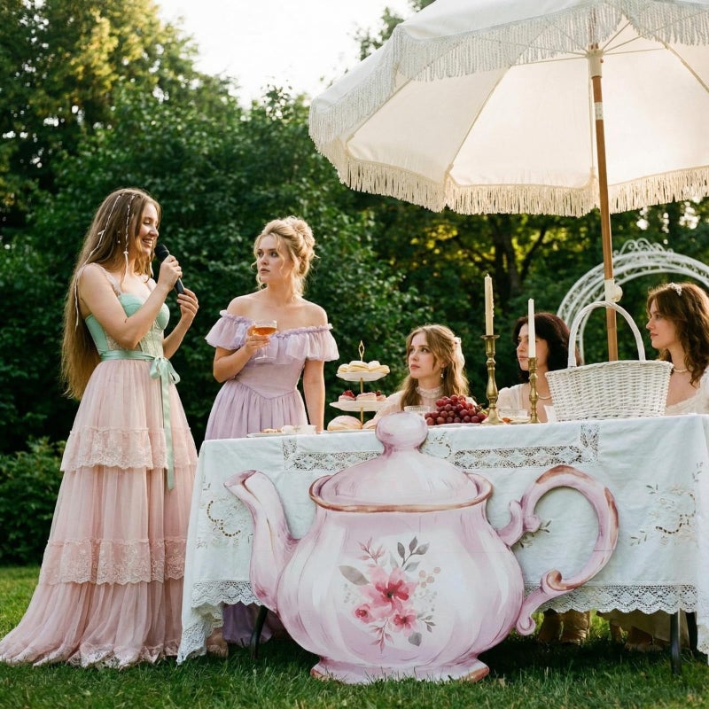 Colingmill Tea Party Decorations Teapot Cardboard Cutout 35.4 x 24.6 Inch Pink Floral Tea Party Baby Shower Let's Partea Photography Background for Women Birthday Bridal Decorations - Image 3