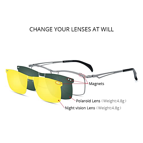 FONEX Pure Titanium Glasses Frame Men Square Magnet Clip On Eyeglasses with Polarized and Night Vision Lens (F85759 Grey with Grey & Night Vision Lens) - Image 3