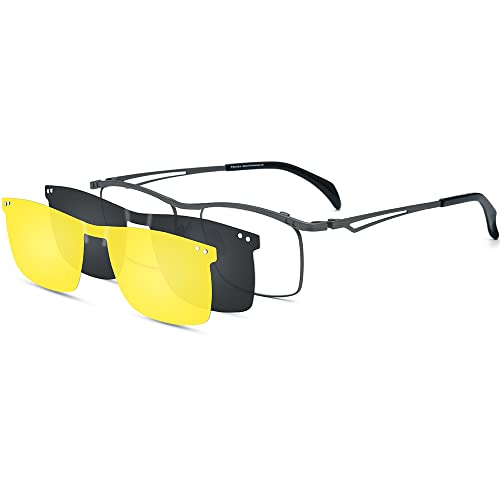 FONEX Pure Titanium Glasses Frame Men Square Magnet Clip On Eyeglasses with Polarized and Night Vision Lens (F85759 Grey with Grey & Night Vision Lens) - Image 1