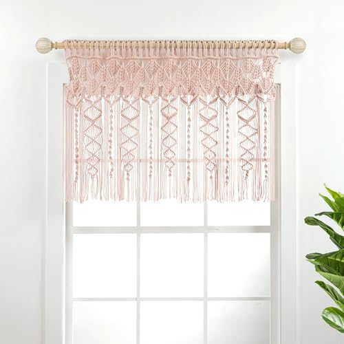 Lush Decor Boho Macrame Textured Cotton Valance, 40" W x 30" L, Blush - Boho Kitchen Curtains & Wall Decor - Macrame Valance - Bathroom Window Curtains - Image 1