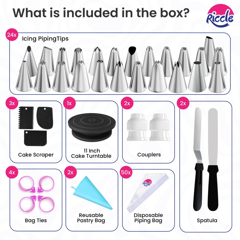 Riccle 88 pcs Cake Decorating Kit with Blue Cake Turntable - Includes 50 Disposable + 2 Reusable Piping Bags and Tips Set, 24 Icing Piping Tips, 2 Spatulas, 3 Icing Comb Scraper (Black) - Image 3