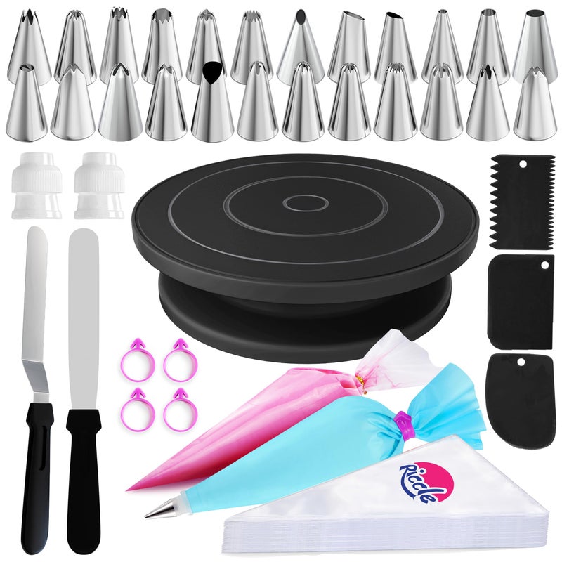 Riccle 88 pcs Cake Decorating Kit with Blue Cake Turntable - Includes 50 Disposable + 2 Reusable Piping Bags and Tips Set, 24 Icing Piping Tips, 2 Spatulas, 3 Icing Comb Scraper (Black) - Image 1