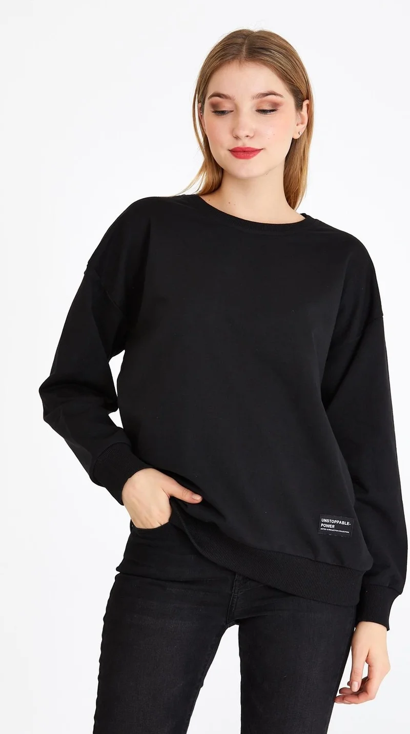 mmetalic Women's Black Color Basic Crew Neck Sweatshirt