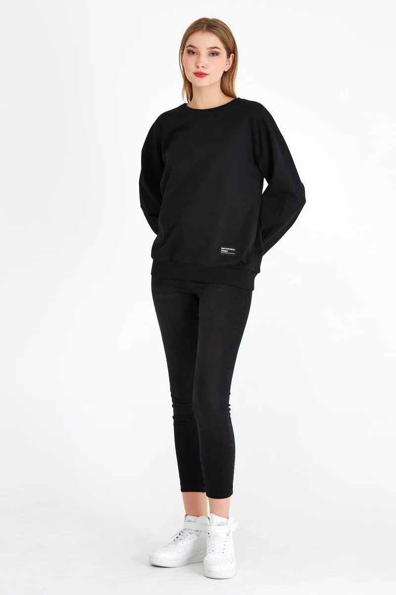 mmetalic Women's Black Color Basic Crew Neck Sweatshirt