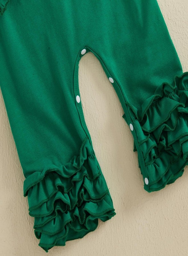 Filgriox طقم ملابس عيد القديس باتريك لحديثي الولادة من فيلجريوكس، جمبسوت مكشكش بأكمام طويلة، رومبير برسيم + عصابة رأس، ملابس حظ (أخضر، 12-18 شهرًا) - Image 5