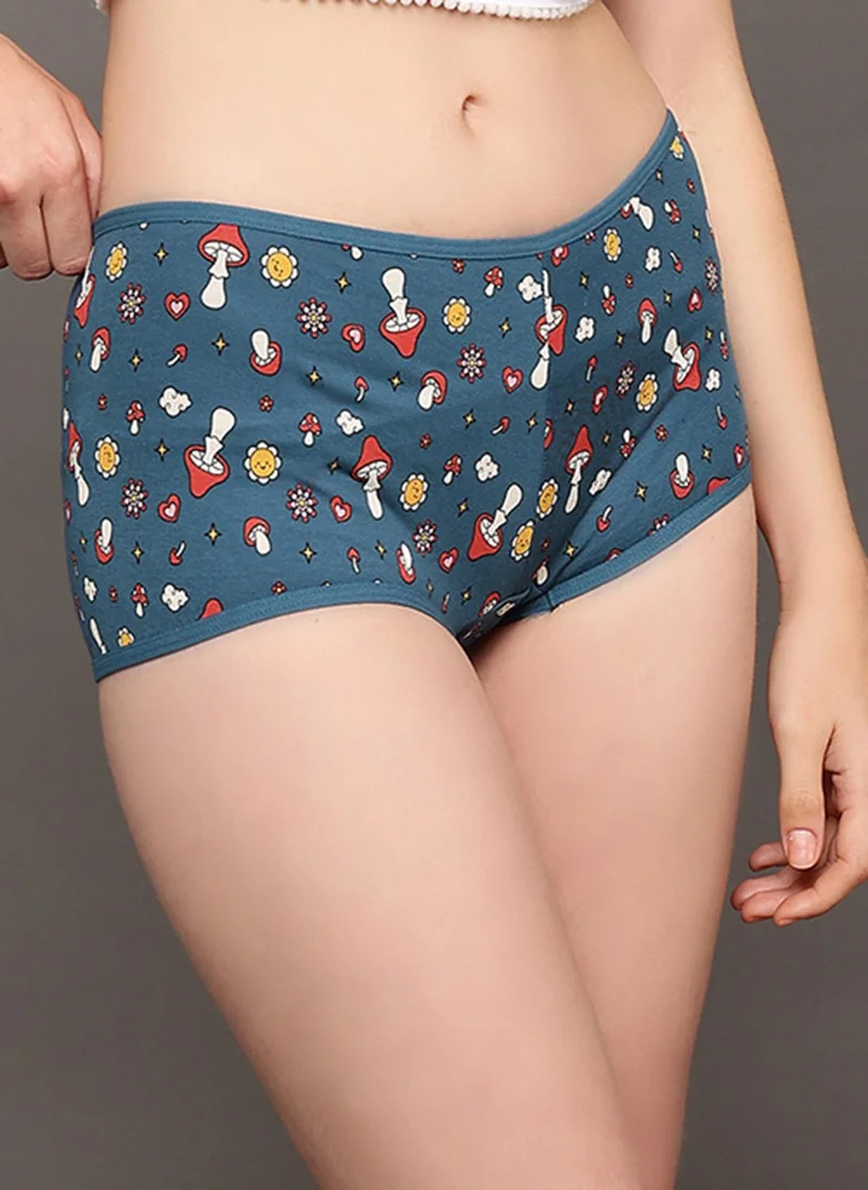كلوفيا Clovia Mid Waist Printed Boyshorts in Blue - Cotton