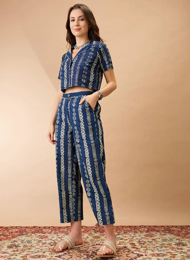 globus Globus Blue Ethnic Print Crop Shirt and Pants Co-Ords