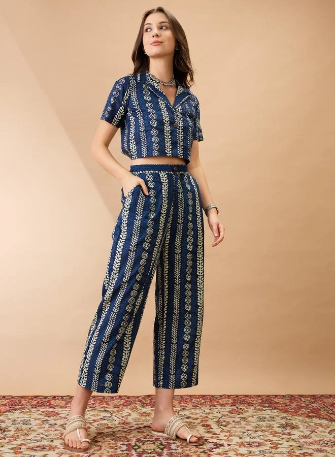 globus Globus Blue Ethnic Print Crop Shirt and Pants Co-Ords