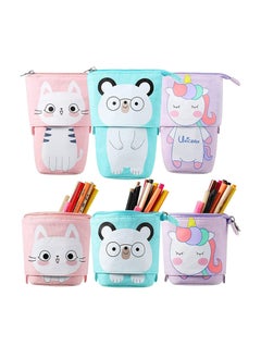 Telescopic Stand-Up Pencil Case Box Transformer Stand Store Pencil Holder Cartoon Standing Pen Pouch Dual-Use Canvas Storage Stationery Bags for Teen Girls Boys 3 Pcs Cat Bear Unicorn