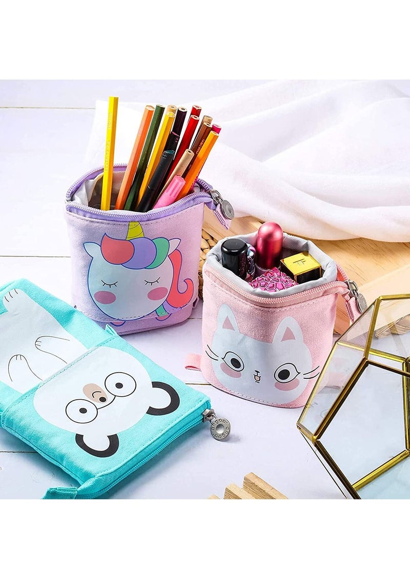 SYOSI - Telescopic Stand-Up Pencil Case Box Transformer Stand Store Pencil Holder Cartoon Standing Pen Pouch Dual-Use Canvas Storage Stationery Bags for Teen Girls Boys 3 Pcs Cat Bear Unicorn - Image 1