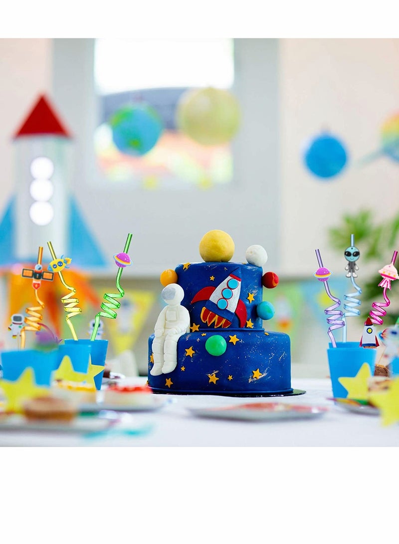 KASTWAVE Straws, Reusable Solar System Plastic Straws, Rocket Spaceship Astronaut Satellite Planet Straws, for Birthday Party Baby Shower Favors Decorations, 24 Pieces (Random Style)  - Image 3