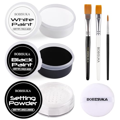 BOBISUKA Black & White Face Body Paint + Setting Powder + 3PCS Artist Brushes Face Painting Kit for Adult Large Capacity Professional Oil Based Cream Paints Palette For Halloween Clown Skeleton Vampir - Image 1