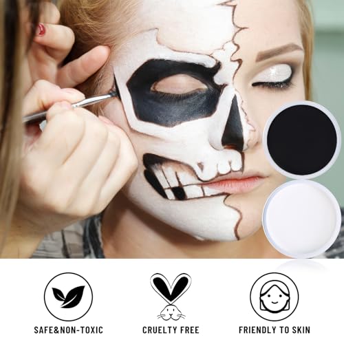 BOBISUKA Black & White Face Body Paint + Setting Powder + 3PCS Artist Brushes Face Painting Kit for Adult Large Capacity Professional Oil Based Cream Paints Palette For Halloween Clown Skeleton Vampir - Image 3
