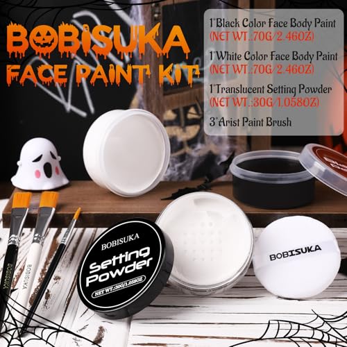 BOBISUKA Black & White Face Body Paint + Setting Powder + 3PCS Artist Brushes Face Painting Kit for Adult Large Capacity Professional Oil Based Cream Paints Palette For Halloween Clown Skeleton Vampir - Image 2
