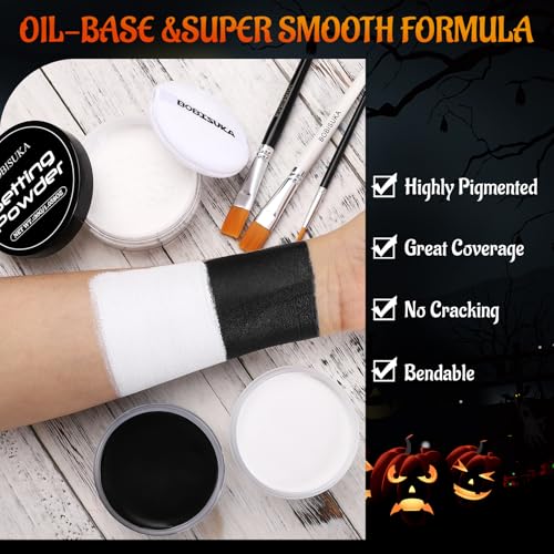 BOBISUKA Black & White Face Body Paint + Setting Powder + 3PCS Artist Brushes Face Painting Kit for Adult Large Capacity Professional Oil Based Cream Paints Palette For Halloween Clown Skeleton Vampir - Image 5