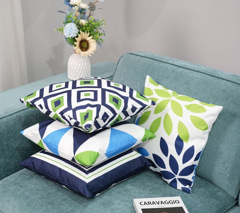 EZVING Navy Pear Green New Living Series Geometric Cotton Linen Indoor Outdoor Pillow Case Cushion Cover for Car Sofa Home Decor 16" x 16",4 Pcs Set - Image 4