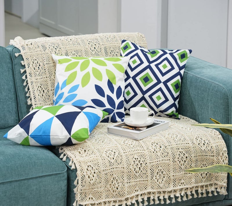 EZVING Navy Pear Green New Living Series Geometric Cotton Linen Indoor Outdoor Pillow Case Cushion Cover for Car Sofa Home Decor 16" x 16",4 Pcs Set - Image 3