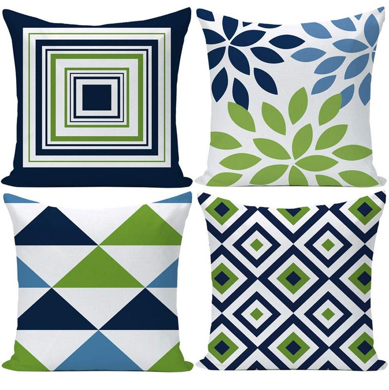 EZVING Navy Pear Green New Living Series Geometric Cotton Linen Indoor Outdoor Pillow Case Cushion Cover for Car Sofa Home Decor 16" x 16",4 Pcs Set - Image 1