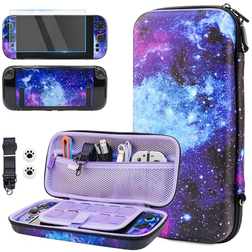GLDRAM Galaxy Carrying Case for Nintendo Switch 2 2025 Portable Accessories Bundle with Travle Storage Bag PC Protective Cover Shoulder Strap Screen Protector 2 Thumb Grips Purple - Image 1