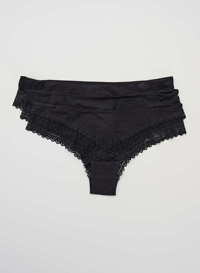 Kiabi Pack of 3 pairs of plain  cotton and lace brazillian briefs - Image 1