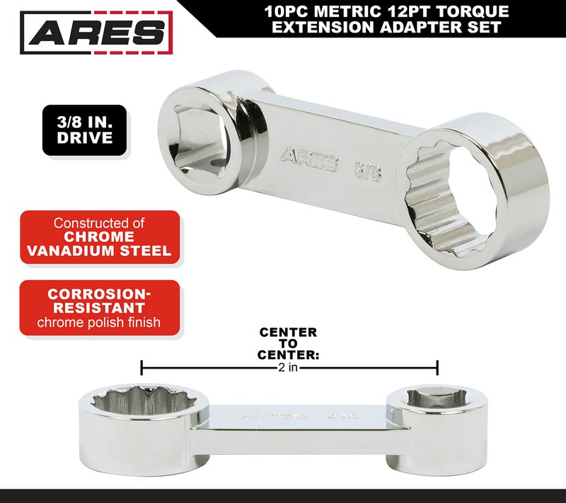 ARES 43036 – 10-Piece Metric 12-Point Box End Torque Adapter Extension Set – 3/8-Inch Drive - Extensions for Torquing in Hard to Reach Places – Chrome Vanadium Steel Construction – EVA Foam Tray - Image 3