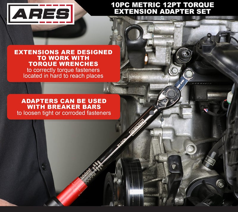 ARES 43036 – 10-Piece Metric 12-Point Box End Torque Adapter Extension Set – 3/8-Inch Drive - Extensions for Torquing in Hard to Reach Places – Chrome Vanadium Steel Construction – EVA Foam Tray - Image 5