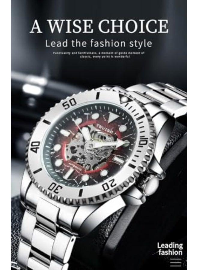 Tevise Skeleton Automatic Mens Watches with Stainless Steel Sliver Band Waterproof Wrist Watches for Mens - Image 4