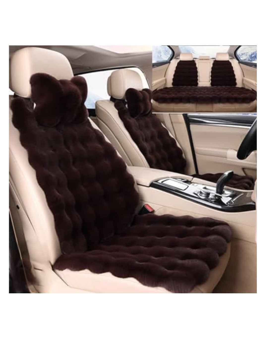 Luxury Car Seat Covers 9 PCs Set Breathable Non-Slip Soft Fluffy Faux Fur Car Seats Protector with Headrest Universal Fit for Front Rear Seats (Brown)