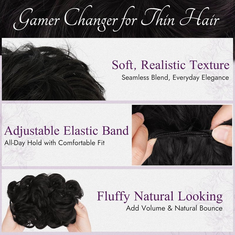 BARSDAR 2 PCS Messy Bun Hair Pieces, Elastic Natural Black Messy Hair Bun Scrunchies Extensions for Women Synthetic Thick Fluffy Donut Updo Natural Black Chignons Hairpieces Daily - Image 4