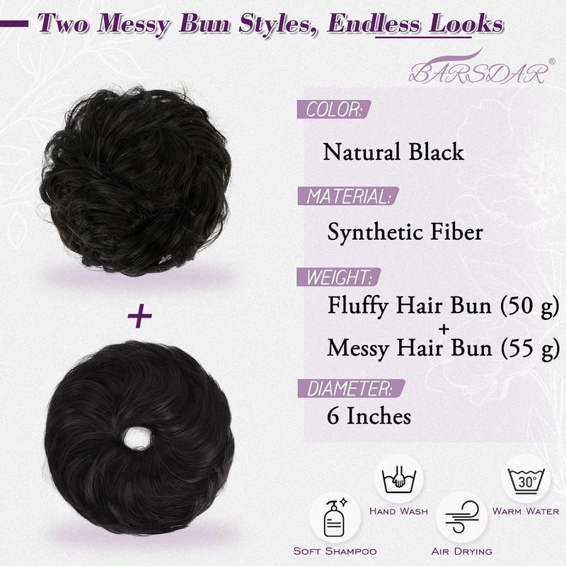 BARSDAR 2 PCS Messy Bun Hair Pieces, Elastic Natural Black Messy Hair Bun Scrunchies Extensions for Women Synthetic Thick Fluffy Donut Updo Natural Black Chignons Hairpieces Daily - Image 2