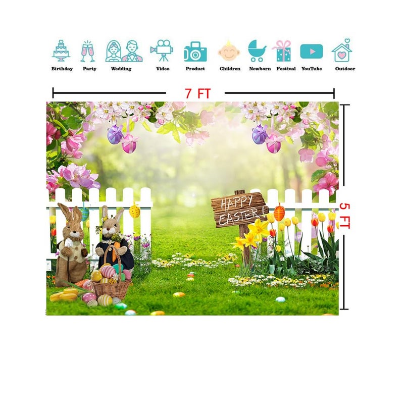 CYLYH 7x5ft Spring Easter Garden Photography Backdrop Easter Backdrop Green Grass Lawn Pink Floral Fence Background Baby Children Birthday Party Decorations Banner - Image 5