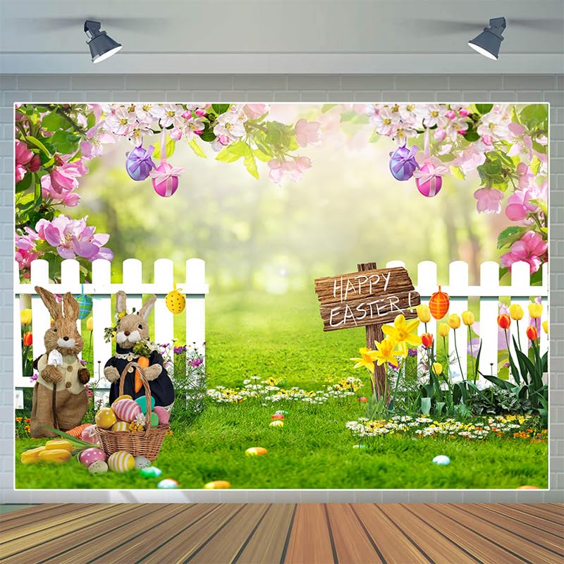 CYLYH 7x5ft Spring Easter Garden Photography Backdrop Easter Backdrop Green Grass Lawn Pink Floral Fence Background Baby Children Birthday Party Decorations Banner - Image 1